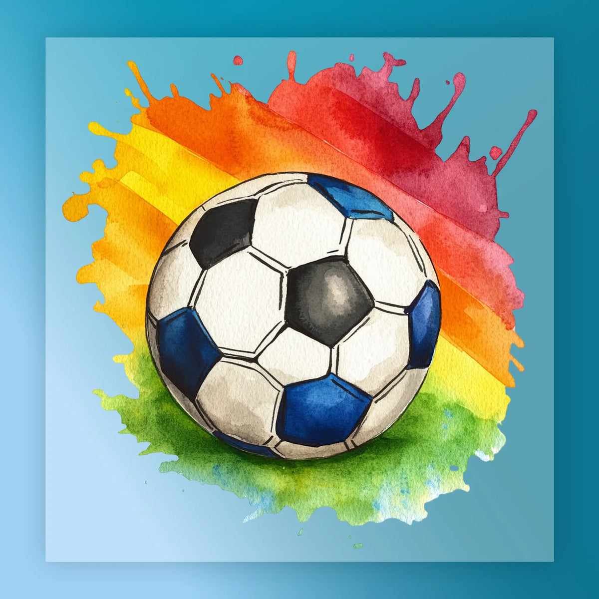 A watercolor painting of a soccer ball surrounded by splashes of red, orange, yellow, and blue paint, creating a vibrant and energetic scene.