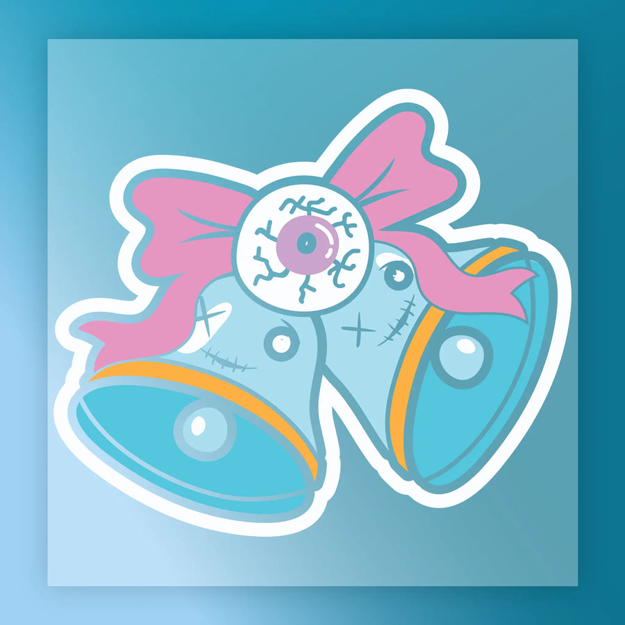 The InkMerge “Quirky Bells with Eyeballs and Stitches Design” features two blue bells with orange rims, joined by a pink ribbon with a bloodshot eyeball, against a blue gradient—ideal for custom screen-printed apparel.
