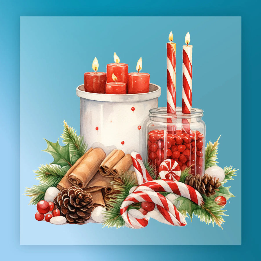 InkMerge’s Festive Holiday Candles and Holly features red and candy cane candles, red candies, cinnamon sticks, pinecones, holly leaves, and berries—ideal for custom apparel or DTF transfers.