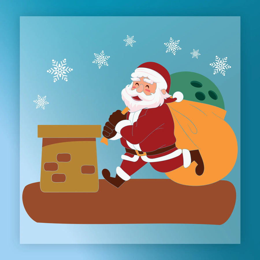 The InkMerge Cheerful Santa Claus Design shows Santa smiling with a large yellow sack on a snowy rooftop—ideal for DTF transfers or custom apparel for your next ugly sweater party.