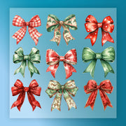 The InkMerge Festive Christmas Bows Collection features nine decorative bows in red, green, and cream with plaid, polka dot, and floral prints on a blue background—ideal for festive DTF transfers or heat press designs.