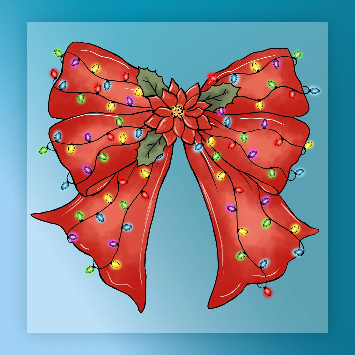 Festive Red Bow with Poinsettia and Lights Design