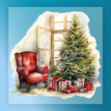 InkMerge Nostalgic Christmas Scene DTF transfer—watercolor art of a cozy Christmas with a red armchair, decorated tree with red ornaments, wrapped gifts, and an open door on a blue background.