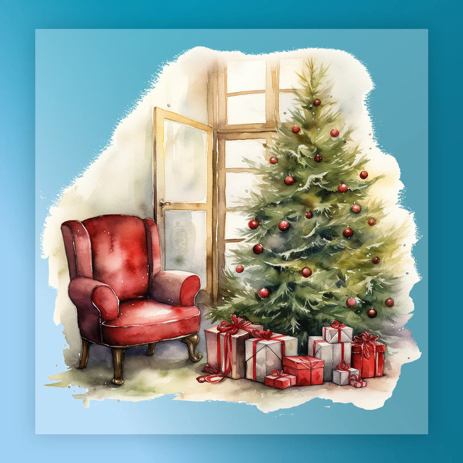InkMerge Nostalgic Christmas Scene DTF transfer—watercolor art of a cozy Christmas with a red armchair, decorated tree with red ornaments, wrapped gifts, and an open door on a blue background.