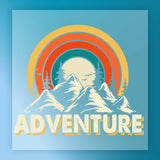The Adventure Retro Rainbow Design by InkMerge features mountains, pine trees, a large sun, birds, and colorful retro rainbow arcs with "ADVENTURE" in bold distressed letters—perfect for custom apparel and DTF transfers.