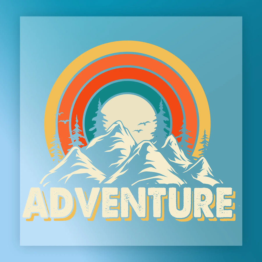 The Adventure Retro Rainbow Design by InkMerge features mountains, pine trees, a large sun, birds, and colorful retro rainbow arcs with "ADVENTURE" in bold distressed letters—perfect for custom apparel and DTF transfers.