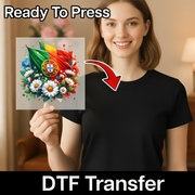 A woman holding a sign with a colorful graphic of flowers and a flag, with a red arrow pointing to her chest.