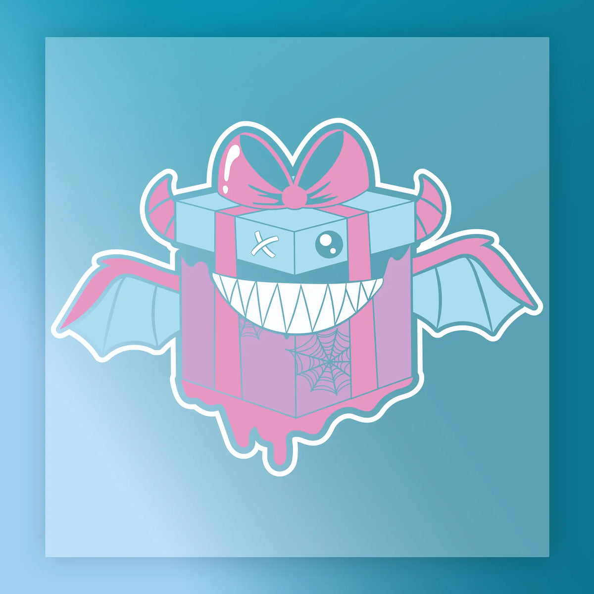The InkMerge Whimsical Bat Wing Gift Box Design, featuring a cobweb pattern, sharp teeth, and a button eye, adds spooky flair to Halloween crafts—ideal for DTF transfer projects on a blue background.