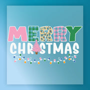 InkMerge's Merry Christmas Plaid Leopard Design features festive text, a pink tree “A”, and holiday lights on blue—ready for heat press and perfect for playful, vibrant DTF transfers.