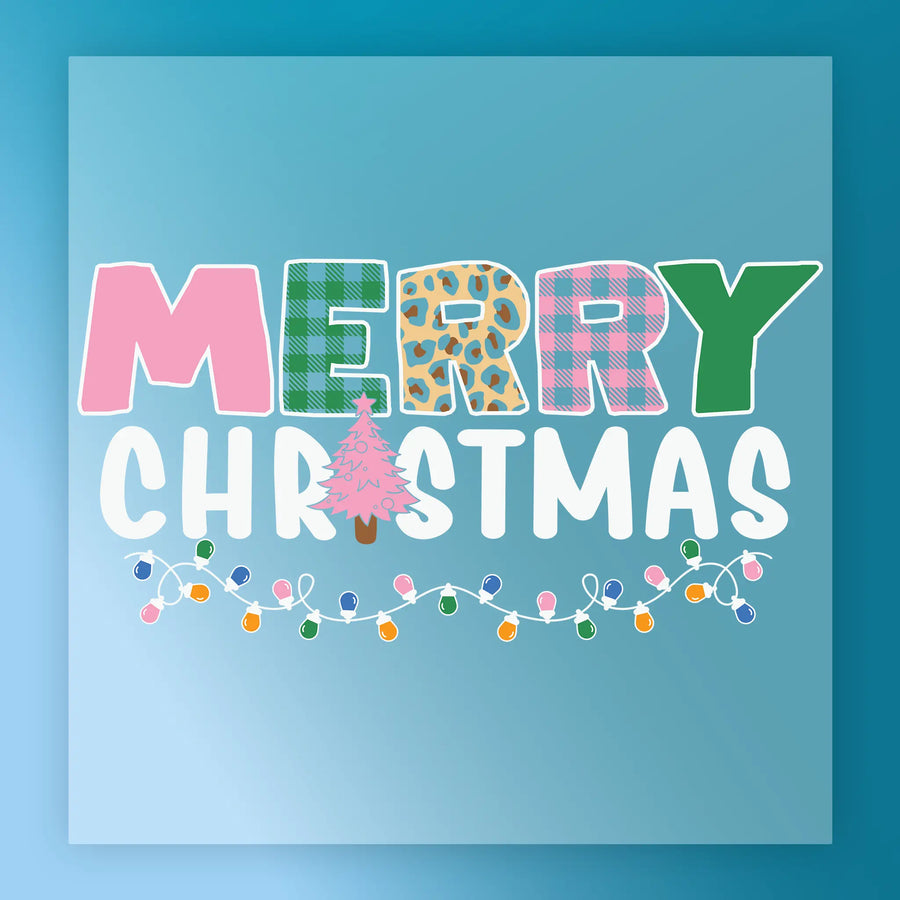 InkMerge's Merry Christmas Plaid Leopard Design features festive text, a pink tree “A”, and holiday lights on blue—ready for heat press and perfect for playful, vibrant DTF transfers.