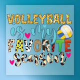 a colorful and playful text that reads "Volleyball is my favorite season" with various animal print designs and a volleyball graphic.