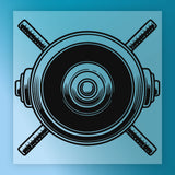 A stylized illustration of a circular object with a central hole, surrounded by four crossed handles or arms, all rendered in black and blue tones.