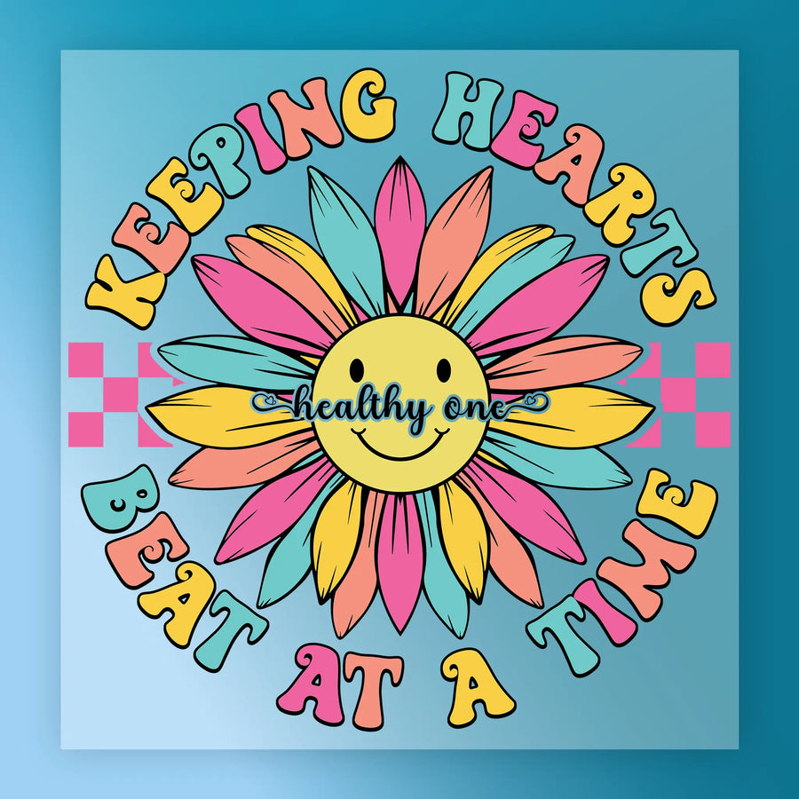 a colorful flower with a smiling face, surrounded by the text "KEEPING HEARTS BEAT AT A TIME" in a playful and cheerful style.