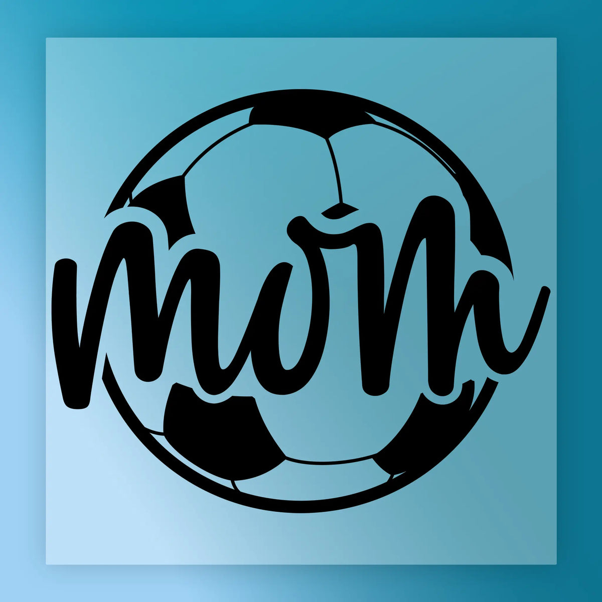 A stylized soccer ball with the word "mum" written on it in a cursive font.