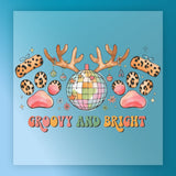 A colorful illustration featuring a disco ball surrounded by leopard print objects, including antlers, paw prints, and flowers, with the text "GROovy AND BRIGHT" displayed prominently.