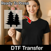 A woman holding a transparent stencil with a tree design on it, and there is text overlay that says "Ready To Press" and "DTF Transfer".