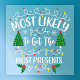 a festive Christmas-themed design with the text "Most Likely To Get The Most Presents" and decorative elements such as Christmas trees, snowflakes, and lights.