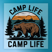 The Bear Mountain Sunset Design by InkMerge features a bear walking before pines and mountains at sunset, with “CAMP LIFE” above and below. Ideal for DTF transfers—add to your favorite tee using a heat press.