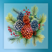 InkMerge’s Watercolor Pine Cones and Evergreen DTF transfer showcases red and blue pinecones, green pine needles, plus red and green berries on a light blue background.