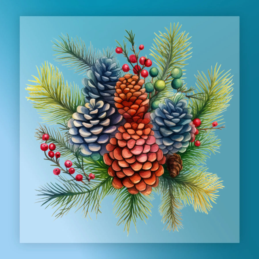 InkMerge’s Watercolor Pine Cones and Evergreen DTF transfer showcases red and blue pinecones, green pine needles, plus red and green berries on a light blue background.