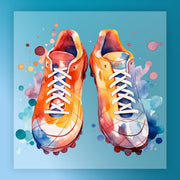 A pair of vibrant, multicolored sneakers with a watercolor-like effect, set against a blue background with splashes of color.