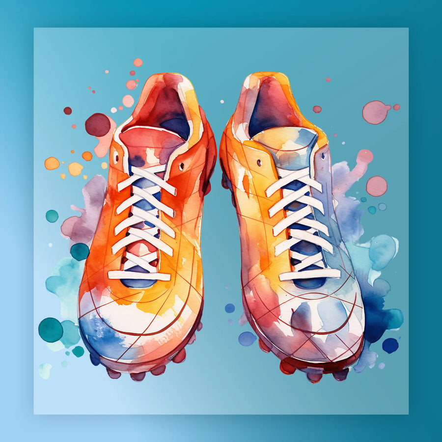 A pair of vibrant, multicolored sneakers with a watercolor-like effect, set against a blue background with splashes of color.