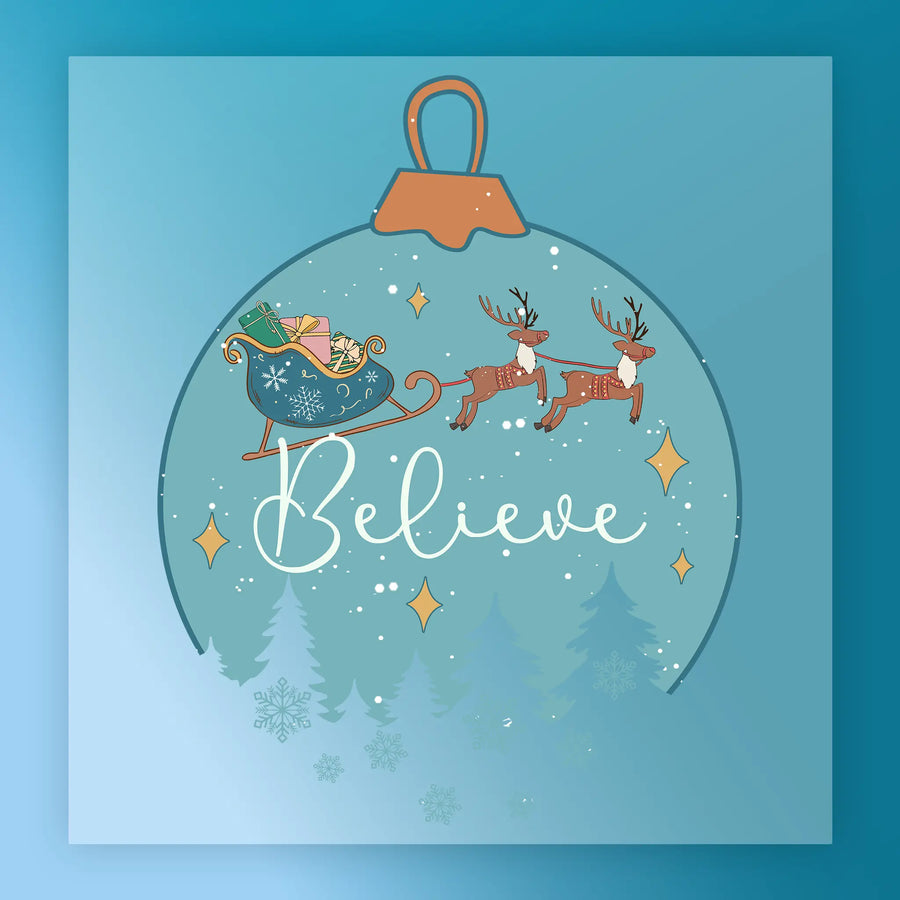 The Believe Christmas Ornament Design by InkMerge features a sleigh with gifts pulled by two reindeer above snowy trees, with "Believe" in script, stars, and snowflakes on a blue background—ideal for heat press or DTF transfer.