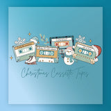 InkMerge’s Christmas Cassette Nostalgia shows five festive cassette tapes with snowflakes, Santa hats, a snowman, and ice skates. Ideal for holiday heat press or DTF transfers. Text below reads “Christmas Cassette Nostalgia.”.