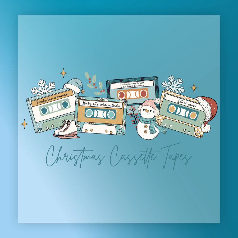 InkMerge’s Christmas Cassette Nostalgia shows five festive cassette tapes with snowflakes, Santa hats, a snowman, and ice skates. Ideal for holiday heat press or DTF transfers. Text below reads “Christmas Cassette Nostalgia.”.