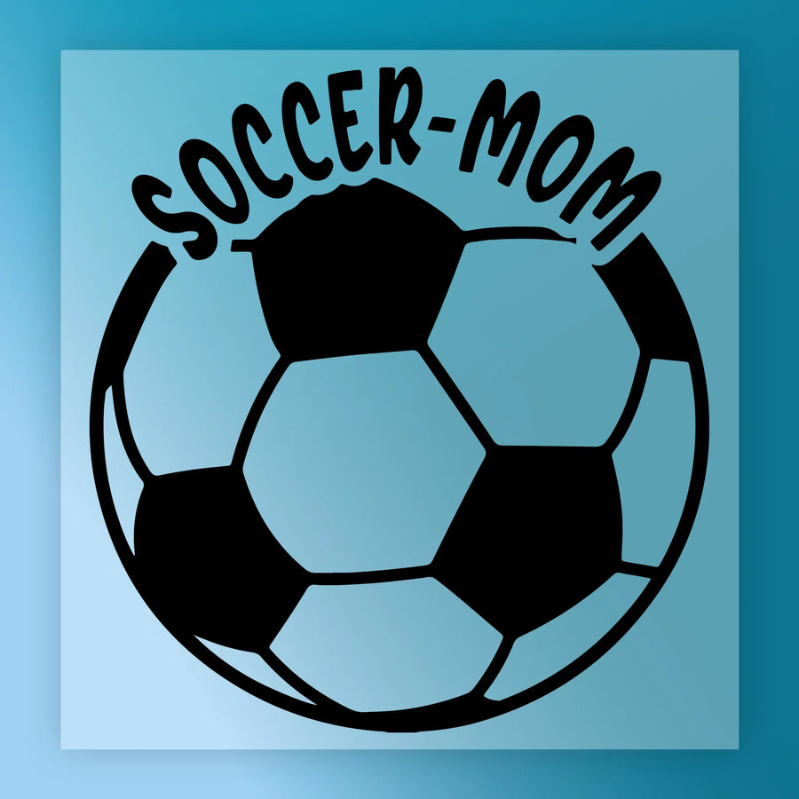 A soccer ball with the text "SOCCER-MOM" written above it.