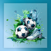 a pair of soccer balls and a pair of soccer cleats, with splashes of green and blue paint surrounding them, creating a vibrant and dynamic scene.