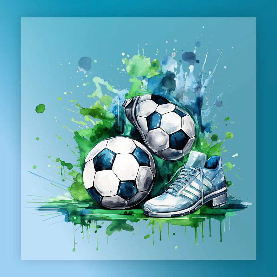 a pair of soccer balls and a pair of soccer cleats, with splashes of green and blue paint surrounding them, creating a vibrant and dynamic scene.