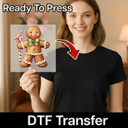 A woman in a black shirt holds the InkMerge Gingerbread Man Holiday Cheer transparent sheet, highlighted by a red arrow. "Ready To Press" is at the top, and "DTF transfer heat press transfer" appears at the bottom.