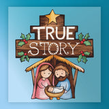 The InkMerge True Story Nativity Scene features Mary, Joseph, and baby Jesus in a manger under a wooden "TRUE STORY" sign with holly and a gold star—ideal for heat press or DTF transfer projects on a blue background.