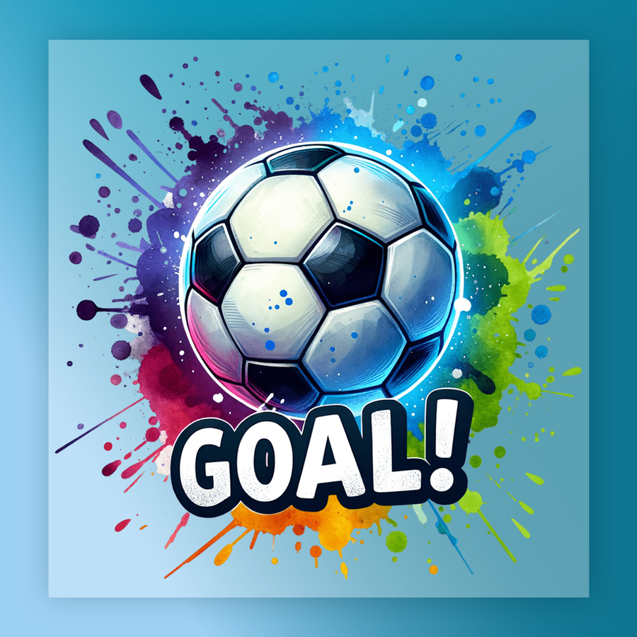a soccer ball surrounded by colorful paint splatters and the word "GOAL!" prominently displayed in the center.