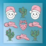 a collection of cartoon-style illustrations, including two smiling faces wearing Santa hats, cacti with Christmas lights, and various pink hats and bandanas.
