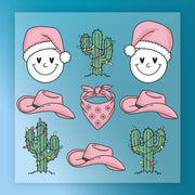 a collection of cartoon-style illustrations, including two smiling faces wearing Santa hats, cacti with Christmas lights, and various pink hats and bandanas.