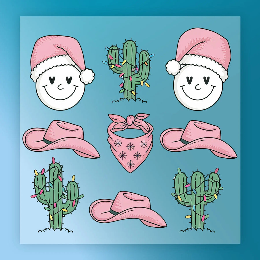 a collection of cartoon-style illustrations, including two smiling faces wearing Santa hats, cacti with Christmas lights, and various pink hats and bandanas.