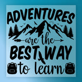 InkMerge's "Adventures Are the Best Way to Learn" features black text on blue with mountains, trees, birds, a sun, and backpacks—perfect for full-color printing or a ready-to-press DTF transfer.