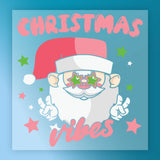 The Christmas Vibes Santa Design by InkMerge features a cartoon Santa with star-shaped glasses flashing peace signs and pink “CHRISTMAS vibes” text—ideal as a DTF transfer for your next festive shirt project.