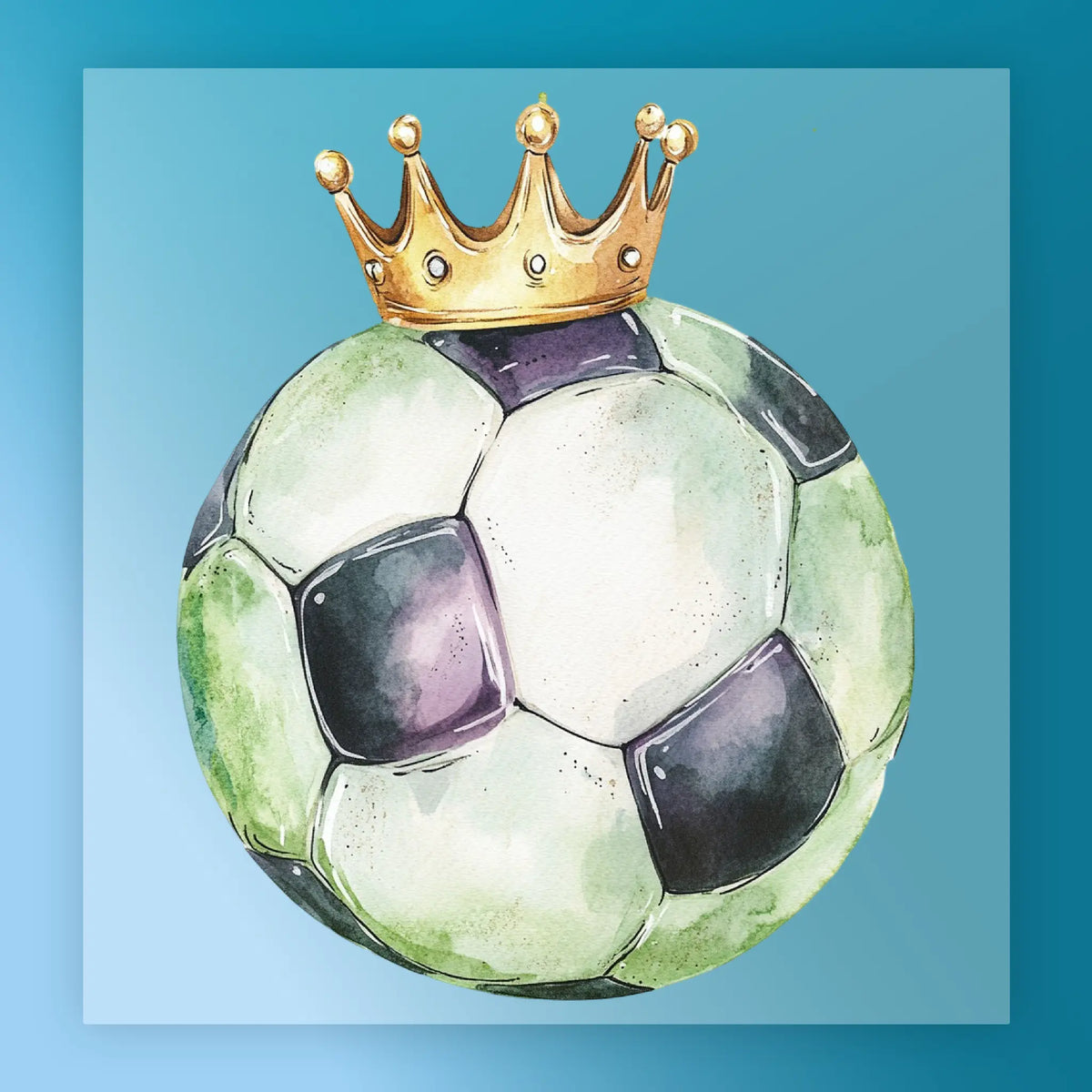 A watercolor painting of a soccer ball with a gold crown on top.