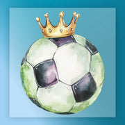 A watercolor painting of a soccer ball with a gold crown on top.