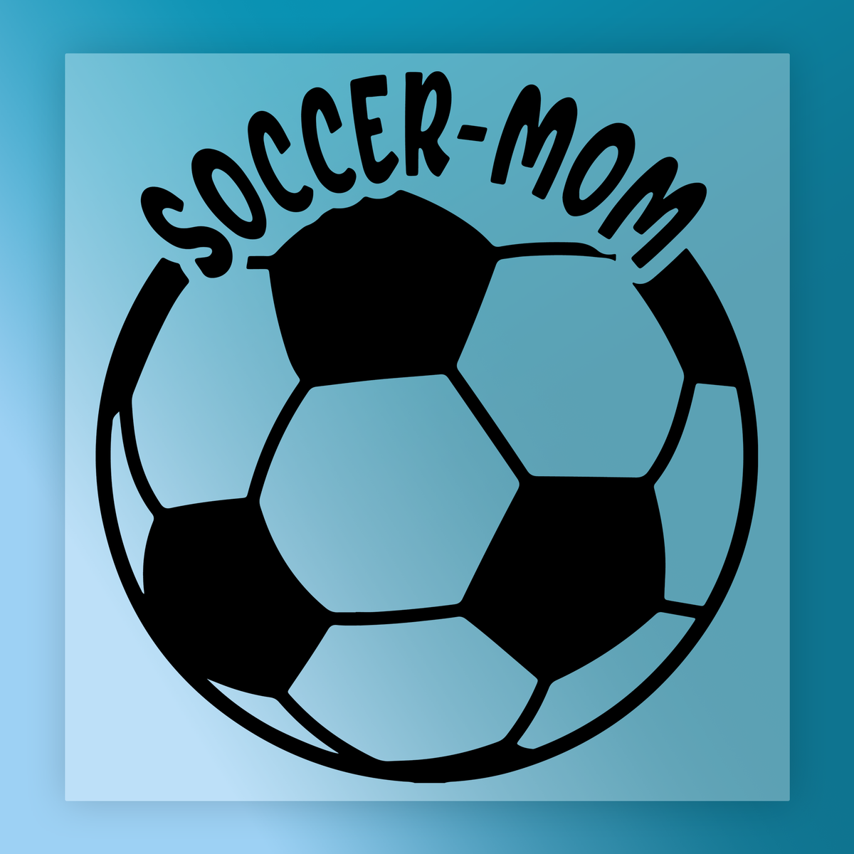 A soccer ball graphic with the text "SOCCER-MOM" written above it.