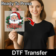 A smiling woman holds the InkMerge Merry Christmas Santa Claus Design, ideal for ugly sweater party outfits. "Ready To Press" and "DTF Transfer" text appears beside a red arrow highlighting the festive design.