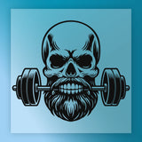 A stylized illustration of a skull with a beard and weights on either side, representing a fitness or workout theme.