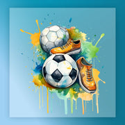 a soccer ball, a pair of orange and white shoes, and a splash of watercolor paint against a blue background.