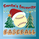 The "Santa's Favorite Baseball Design" by InkMerge features festive baseball graphics with Santa hat, Christmas trees, and string lights on blue—ideal for custom apparel or screen printing to blend holiday and baseball themes.