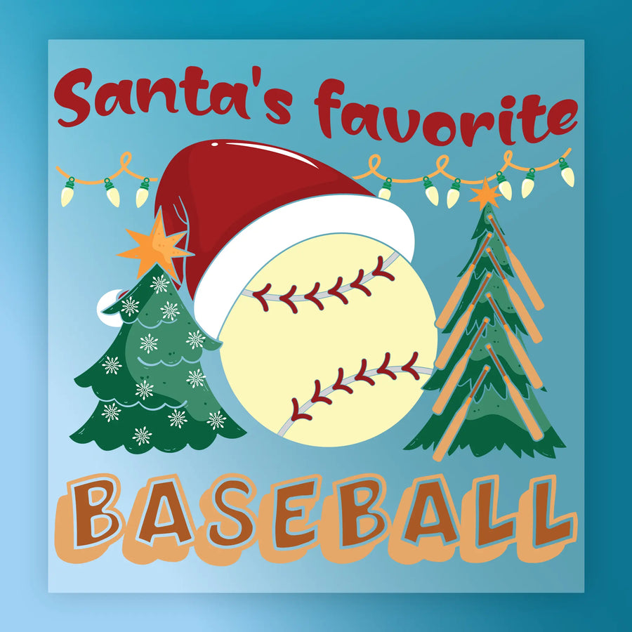 The "Santa's Favorite Baseball Design" by InkMerge features festive baseball graphics with Santa hat, Christmas trees, and string lights on blue—ideal for custom apparel or screen printing to blend holiday and baseball themes.