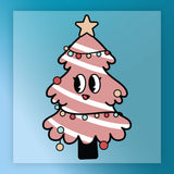 InkMerge’s Kawaii Pink Christmas Tree features a smiling face, colorful ornaments, and a star topper on a blue gradient—ideal for pro screen printing or custom apparel transfers.