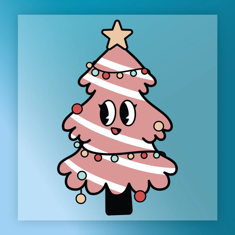 InkMerge’s Kawaii Pink Christmas Tree features a smiling face, colorful ornaments, and a star topper on a blue gradient—ideal for pro screen printing or custom apparel transfers.